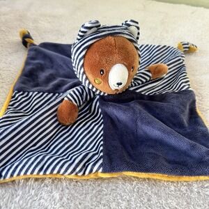 DOUDOU PLAT OURS MARRON BLEU JAUNE RAYÉ GEMO Security Blanket